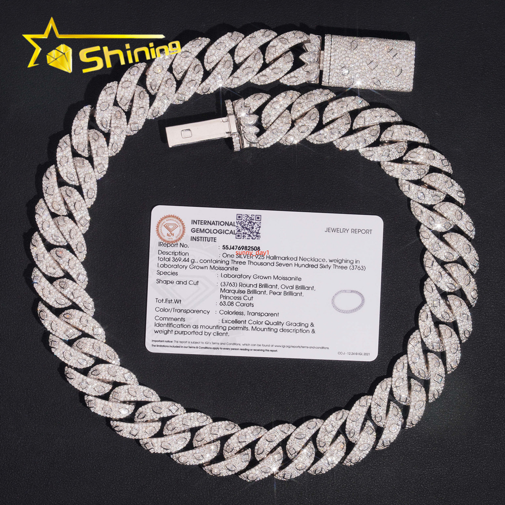 IGI Certificated Fancy Cut Moissnaite 20mm Necklace Iced Out Pass Diamond Test 925 Silver Hip Hop Luxury Cuban Link Chain designer