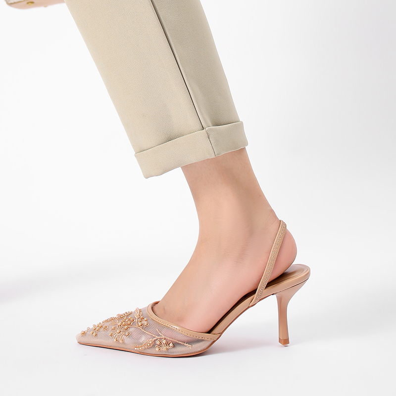 Women's Fashion Apricot Pointed Toe Stiletto Heel Mules - Mesh & Artificial Leather Beaded Embellished High Heel Shoes-8326