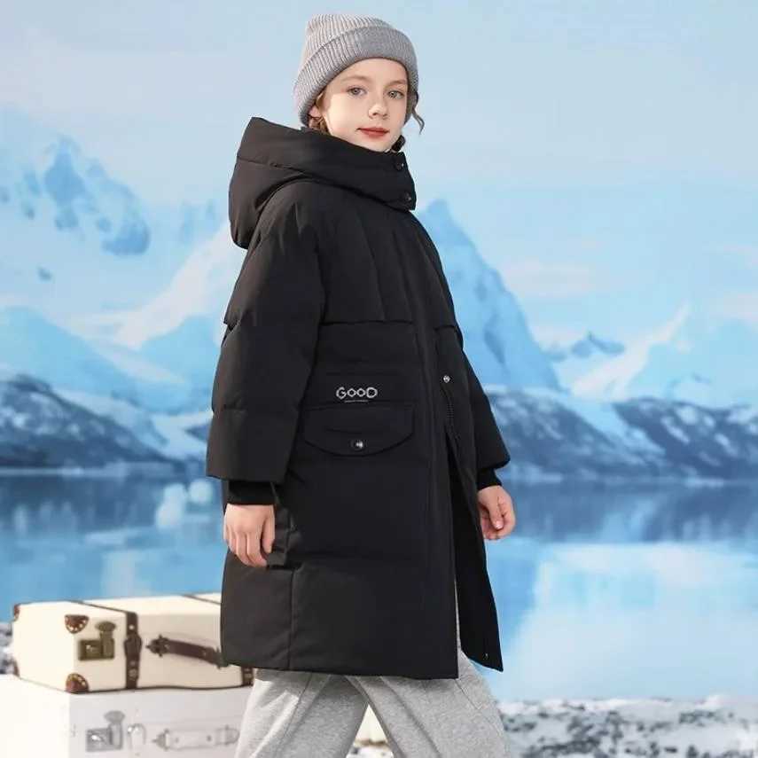 HighEnd Childrens Fashion Long Hooded Down Coat Winter New Girls Windproof Warm Loose Down Jacket A4161T251016