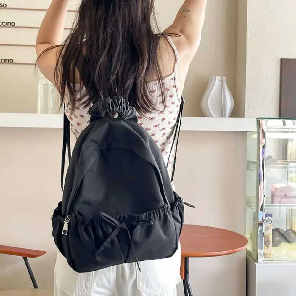Fashion Handbag Bow Backpack Korean Style Solid Color Nylon Backpack Large Capacity Wrinkle Shoulders Bag TravelT251016