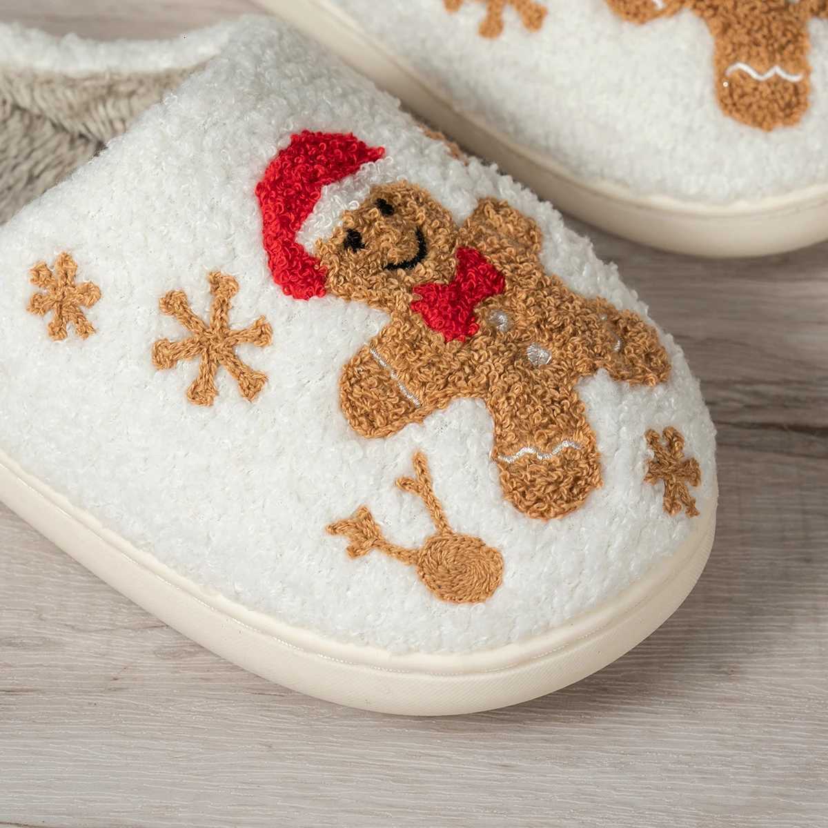 Christmas Winter Indoor Leisure Warm Slippers Embroidery Gingerbread Man Carto Pattern Women Comfy Soft Sole Home Fuzzy ShoesXJ251016
