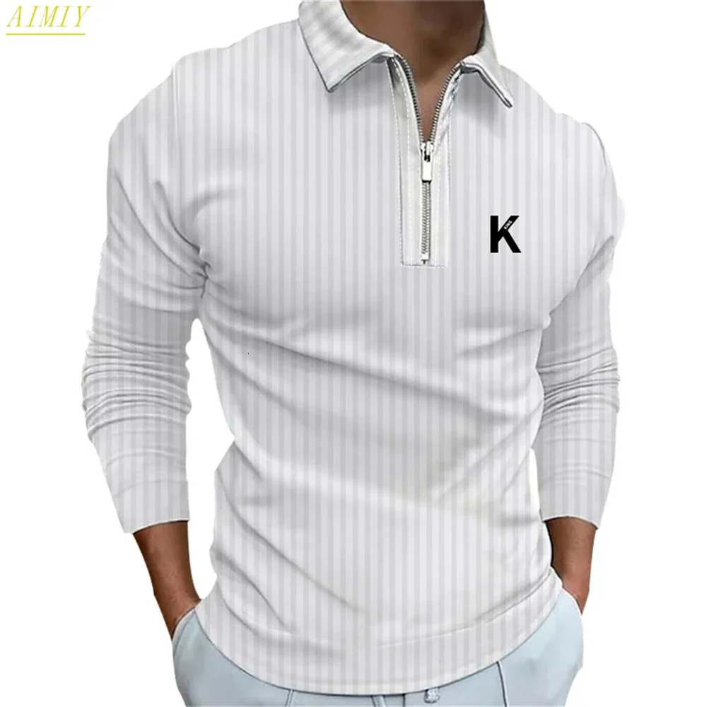 Mens Autumn And Winter Solid Color Lapel Leisure Sports Polo Shirt Zipper Striped Long Sleeve High Elasticity a251016
