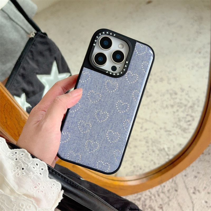 Trendy Black Frame Denim Silver Heart iPhone 17/16 Compatible iPhone15/14/13 Pro Max Phone Case Cover