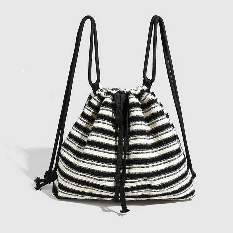 YY35Fashion Casual Striped Backpack Knitting Tote Bag Large Capacity Commuting Bag Student Double Shoulder Strap BagsT251016