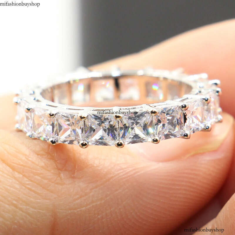 Rulalei Brand Stunning Jewelry Sterling Sier Princess Cut Full White Topaz CZ Dia Gemstones Women Wedding Finger Ring Gift