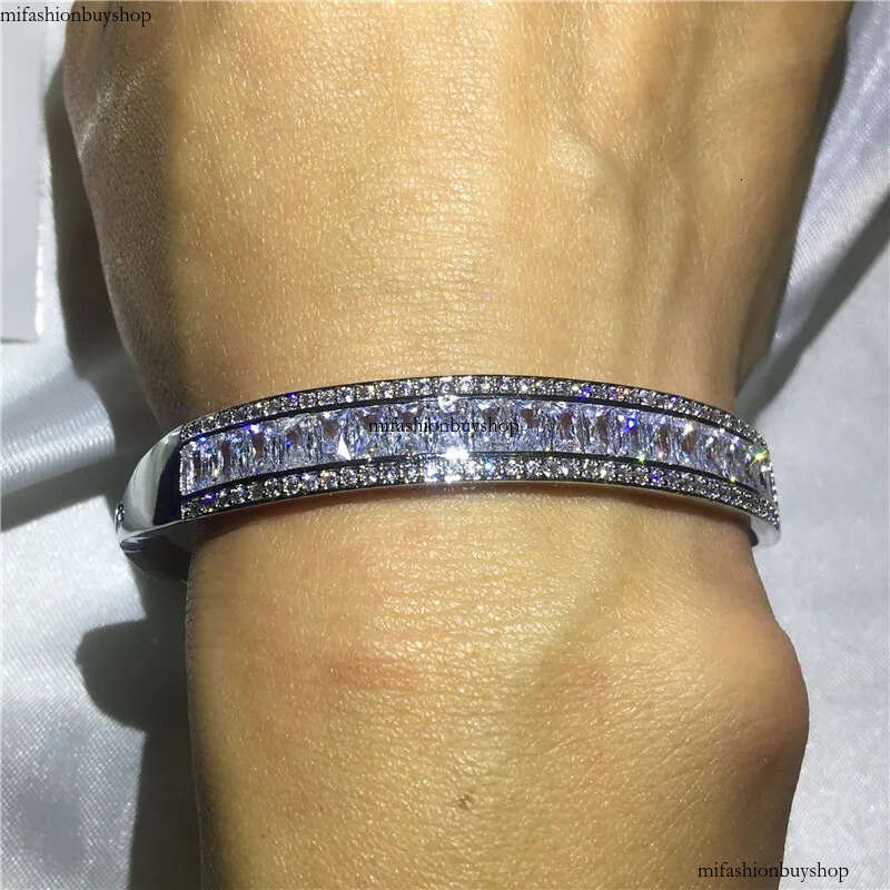 Rulalei Sparkling Hot Sale Jewelry Sterling Sier Full Princess White Topaz CZ Dia Gemstones Women Bracelet Bridal Bangle