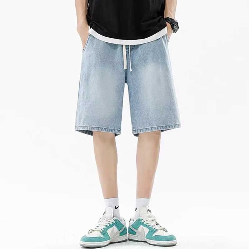 Men Casual Denim Shorts Male Comfortable Elastic Waist Straight Leg New Soft Short Pants Light Blue Loose Baggy Wide Leg Jeans J251016