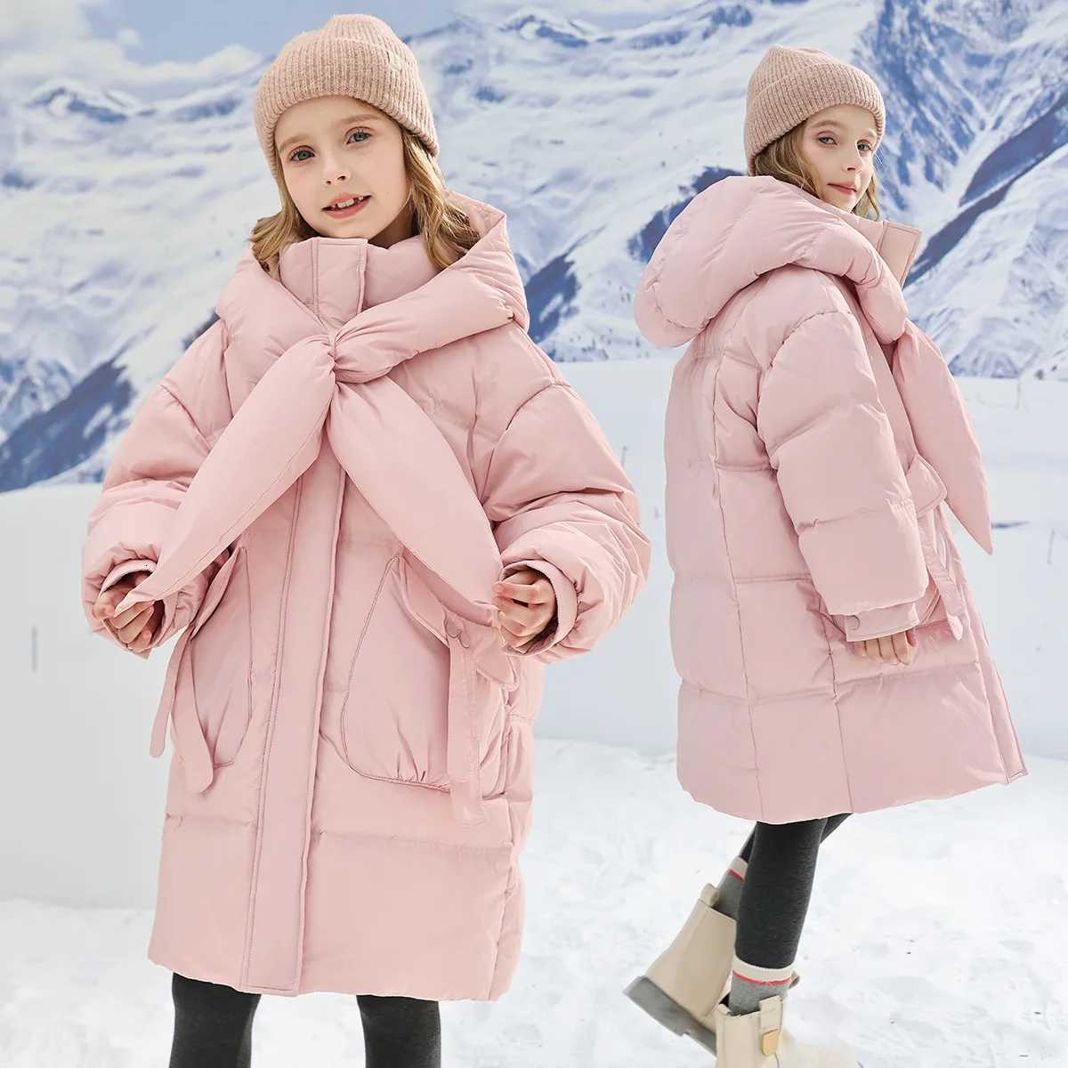 Teenage Girls Winter New Pink Scarf Hooded with Thick Fleece Windproof and Warm Fashion Long Cotton Jacket for 412 YearsT251016