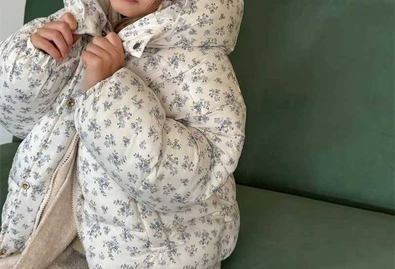 2024 Winter Korean Version Girls Floral Plaid Thick Cotton Coat JacketT251016