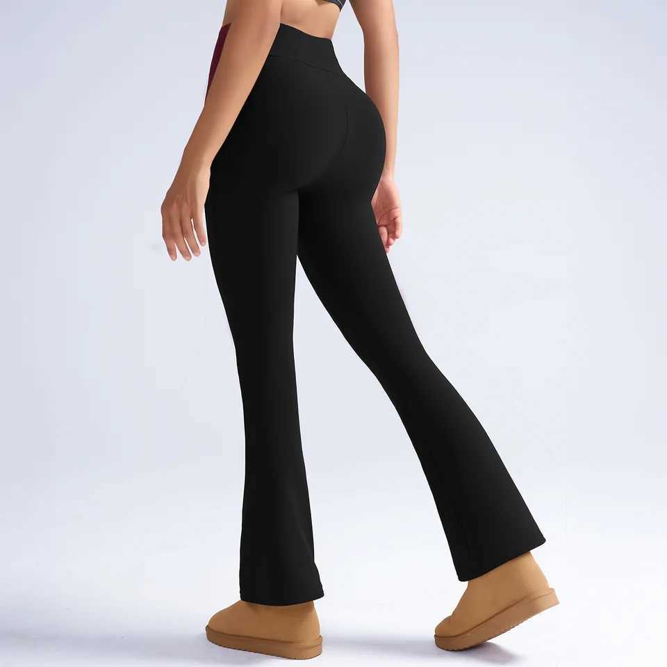 Women FallWinter VWaisted Fleece Keep Warm Tight Fitting Flared Pants Slim Leg Long Black LeggingsT251016