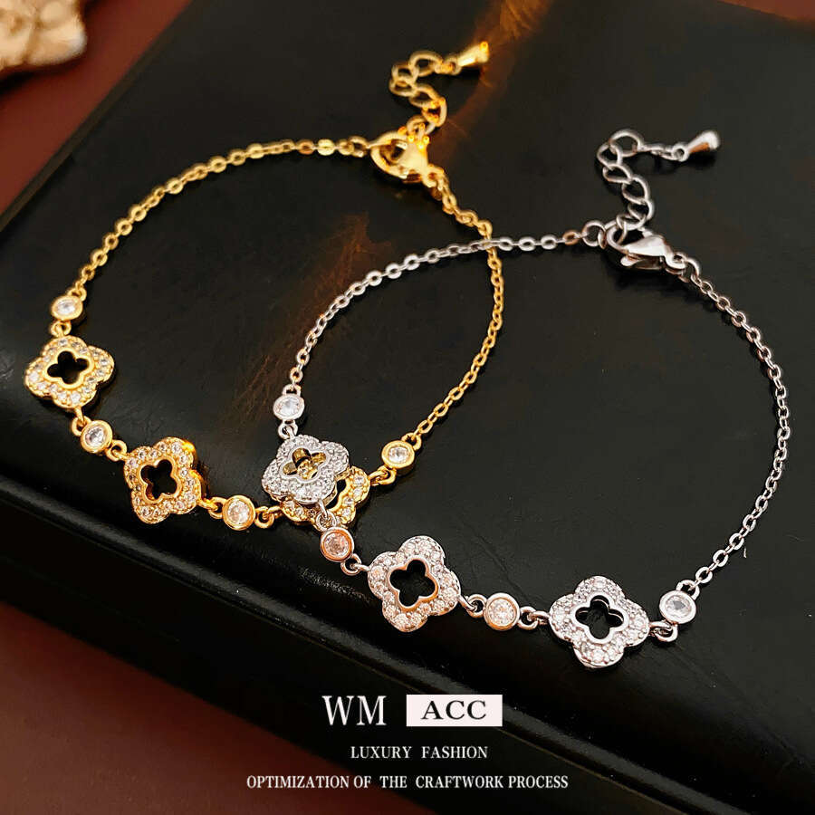 Zircon Hollow Lucky Clover Flower Bracelet Fashion Commuting Versatile Exquisite Wristband Elegant High-end Niche Jewelry ddmypluto