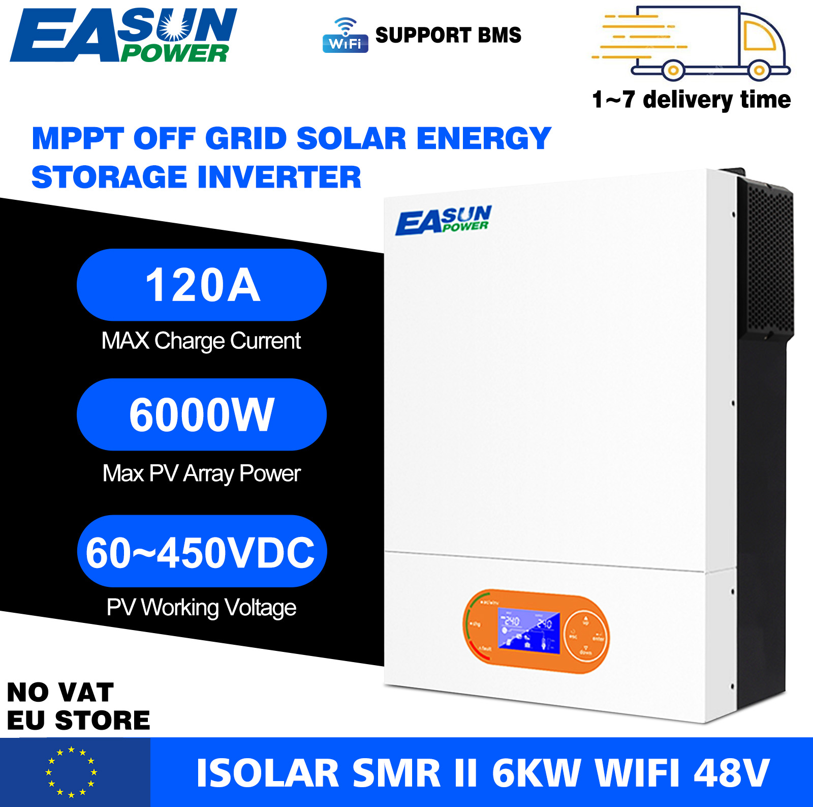 EASUN Hybrid Solar Inverter 6000W 48V 230V MPPT Pure Sine Wave 120A 48V Off Grid Solar Inverter Built-in WIFI Support Communicate with 51.2V Lifepo4 B