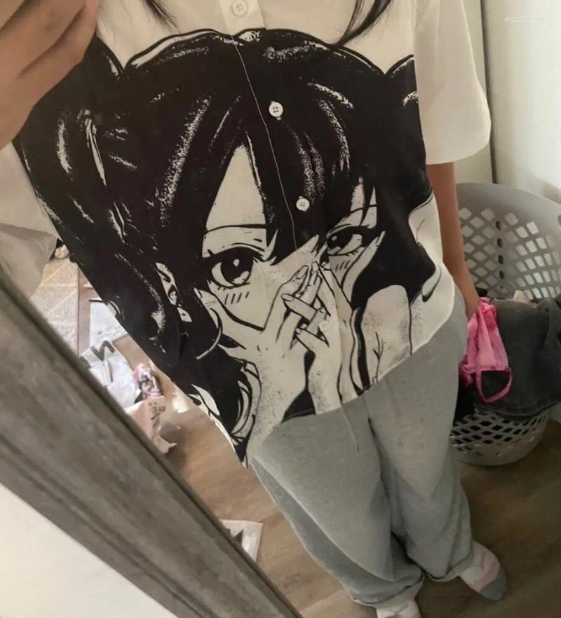 Men's Polos Hip Hop Casual Fit Cartoon Character Print Short Sleeve Shirt Men Loose Lapel T-shirt High Street Top Harajuku Streetwear