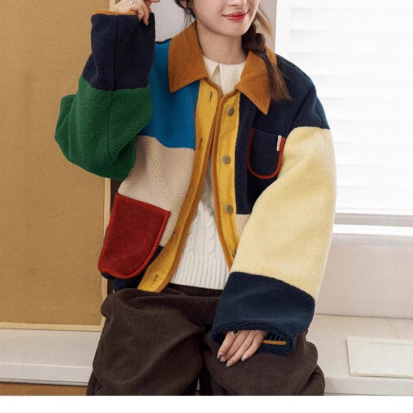 2025 Autumn/Winter New Top Designer Jacket design White Painting Workshop Color Matisse Retro Color Block Luxury Multi Color Loose Lamb Wool Short Coa