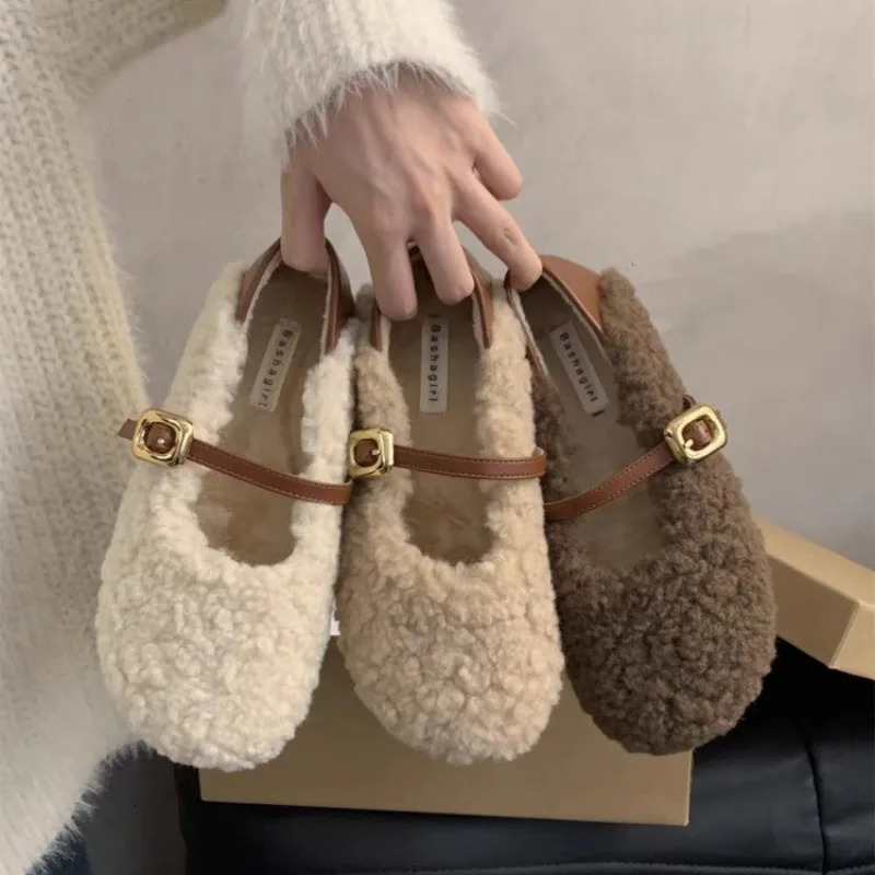 Style Fashion Women Ballet Laofer Flat Shoes Fashion Shallow Slip On Ladies Fur Mary Jane Shoes Soft Outdoor Granny Shoes 251013
