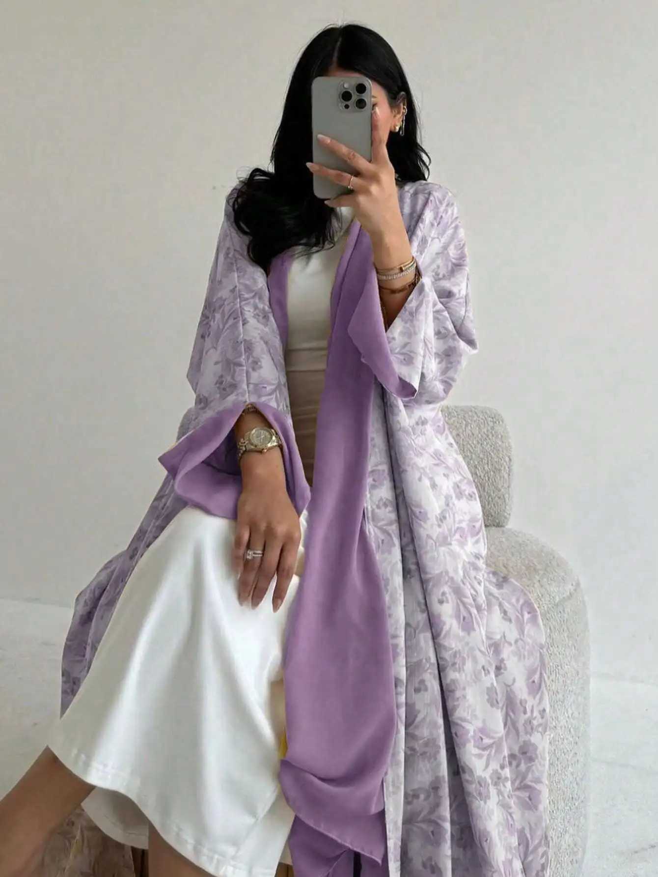 Loose Floral Printed Abaya Long Sleeve Traditional Middle Eastern Dress for Women Elegant Open Front Robe Without Scarf Kaftans X2510161