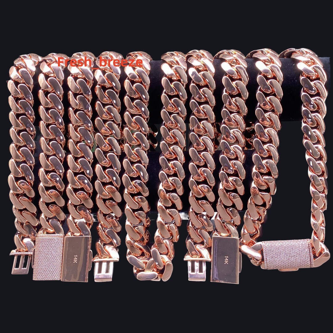 Customized Moissanite 14K Rose Gold Plated Cuban Chain 3D Clasp Miami Cuban Link Chain