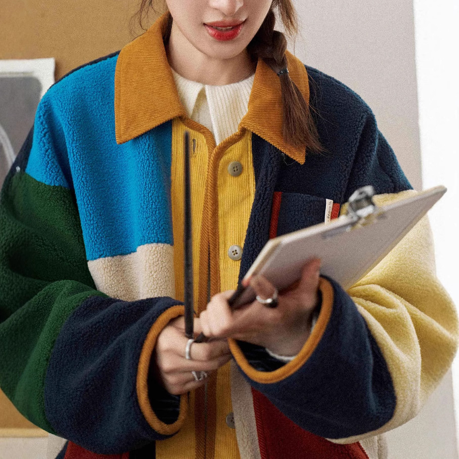 2025 Autumn/Winter New Top Designer Jacket design White Painting Workshop Color Matisse Retro Color Block Luxury Multi Color Loose Lamb Wool Short Coa