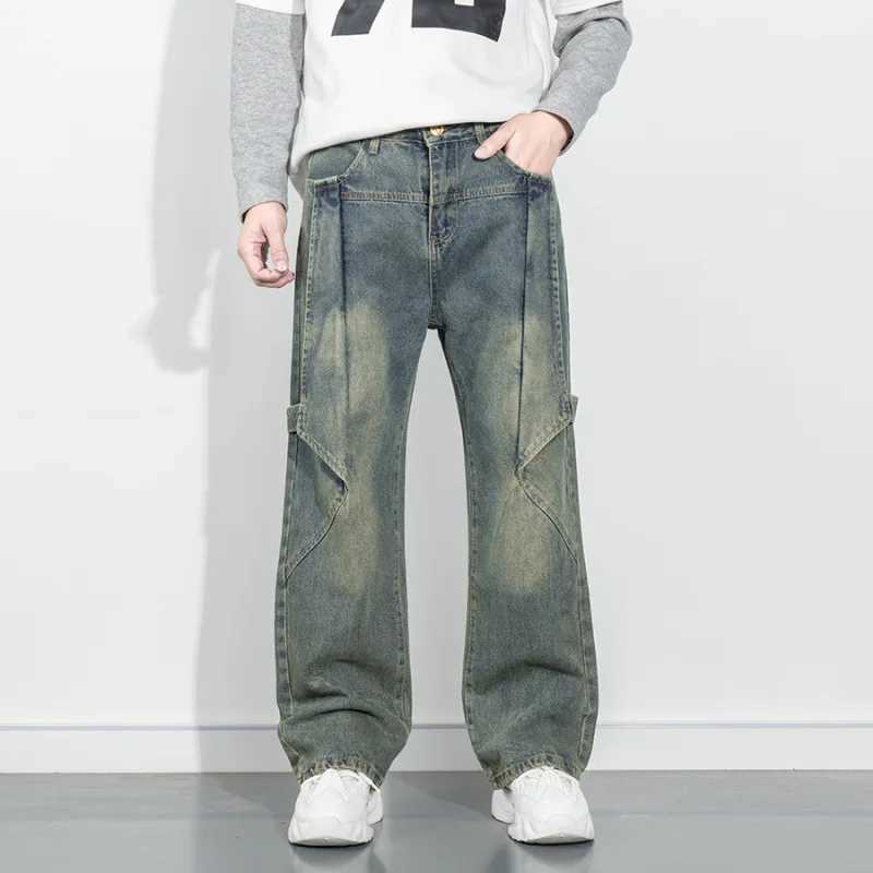High street retro vintage jeans mens loose straight leg wide leg street fashion Japanese trendy pants J2510161