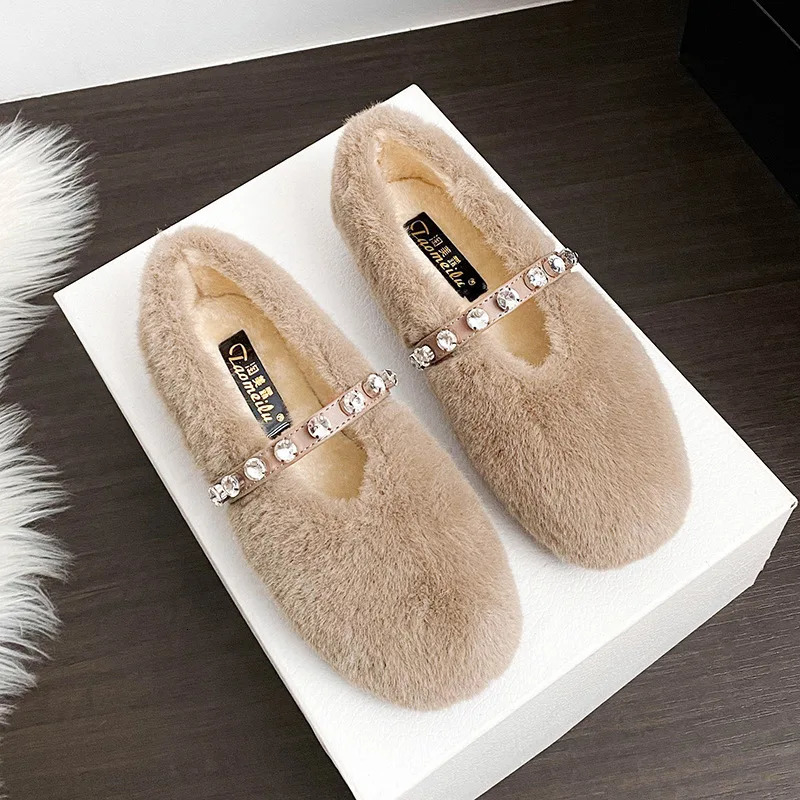 Soft Mink Fur Flats Women Diamonds Belt Mary Janes Winter Fluffy Shoes Ladies Warm Cotton Loafers Slip On Furry Mocasines Mujer 251013