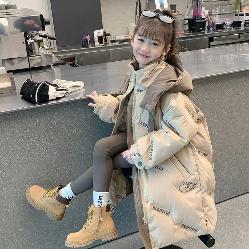 Winter Over Knee Jacket For Girls Hooded Warm Children Down Cotton Coats Kid Parka Girl Khaki Outerwear Clothes TR148T251016
