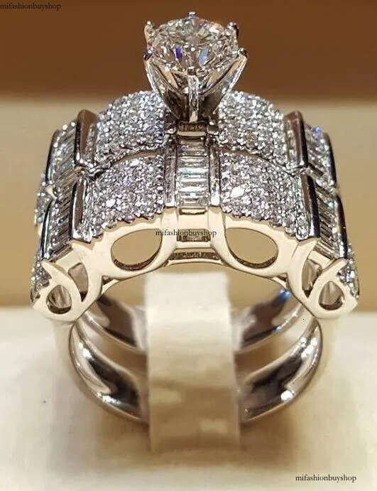 Top Selling Classical Fashion Jewelry Brand New Sterling Sier Couple Rings Round White Topaz CZ Dia Gemstones Bridal Ring Set Gift