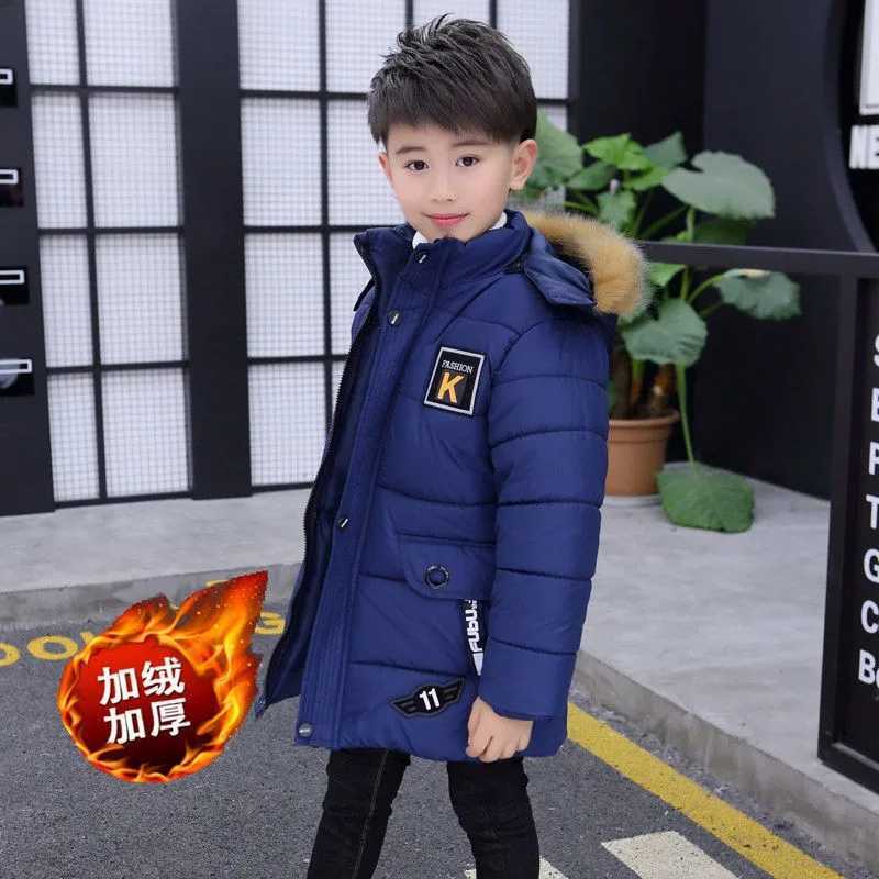 Kids 414 Years Boys Hooded Jacket Winter Thicken Keep Warm Fur Collar Zipper Coat Children Fashion Outerwear Christmas ClothingT251016