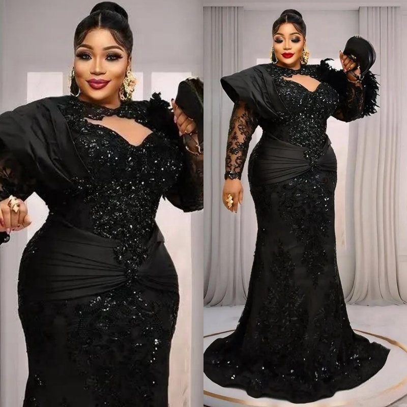 Plus Size Black Prom Dresses 2026 Evening Dresses Illusion Mermaid Sheer Neck Long Sleeves Beaded Lace Flora Birthday Dress Second Reception Gown AM29