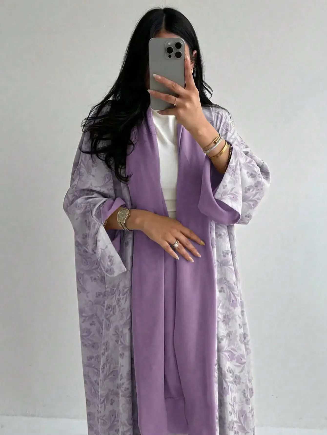 Loose Floral Printed Abaya Long Sleeve Traditional Middle Eastern Dress for Women Elegant Open Front Robe Without Scarf Kaftans X2510161