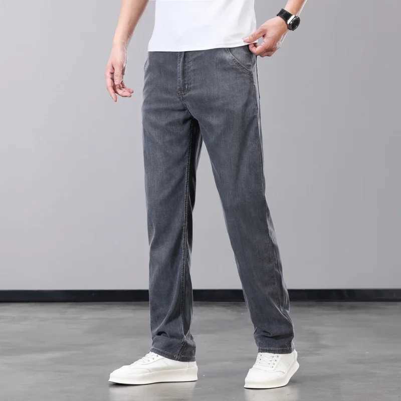 Summer Thin Mens Jeans Lyocell Fabric Soft Breathable Straight Denim Pants Brand Man Elastic Ice Silk Casual Trousers Grey Blue D2603201