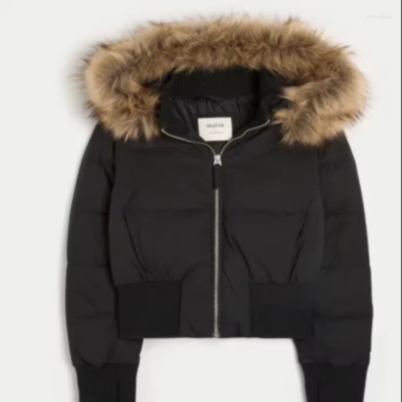 Women's Jackets Chic Fur Collar Hooded Cotton Jacket Solid Zipper Slim Waist Pocket Warm Thick Coat 2025 Winter Autumn Female Outerwear