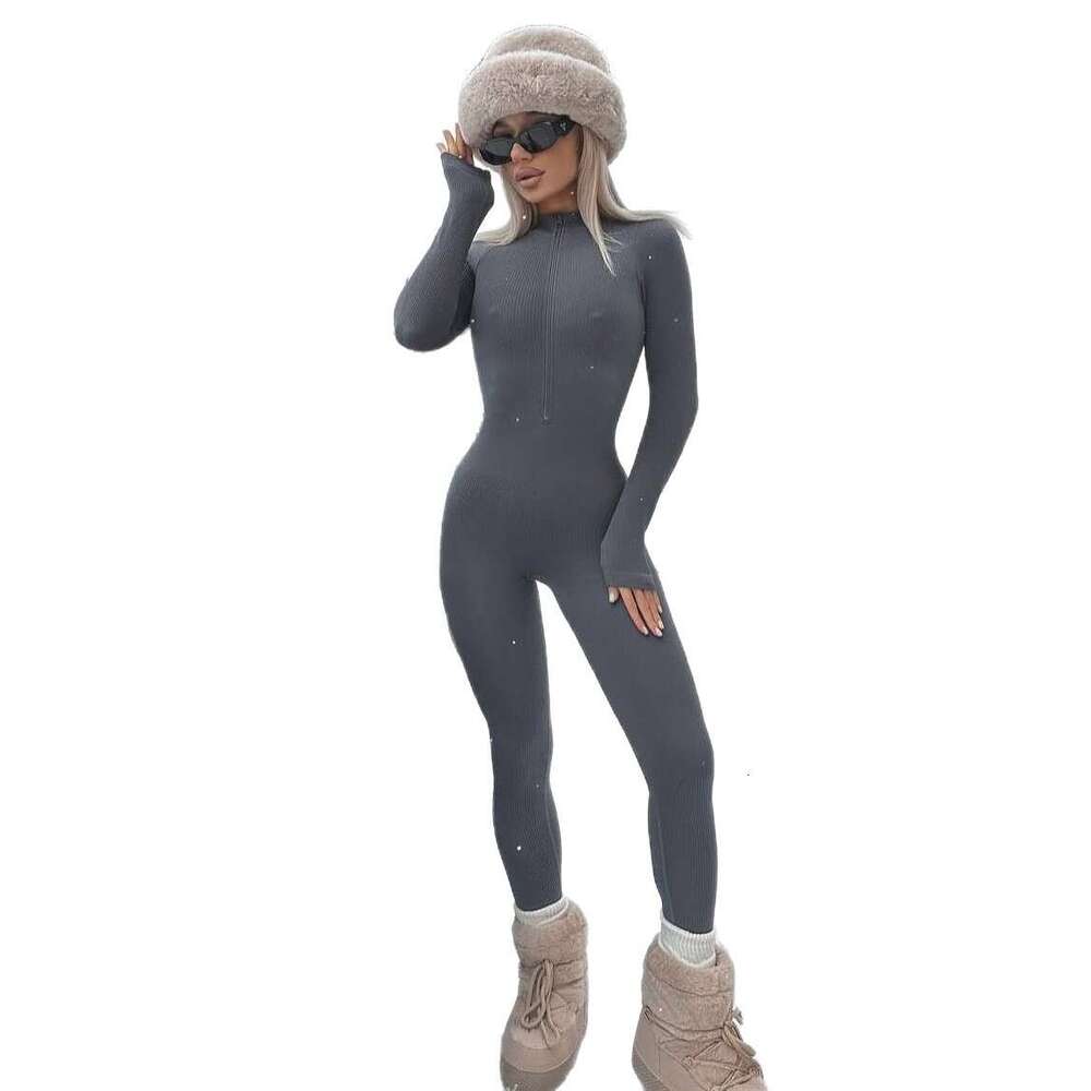 Autumn Winter Solid Color Warm Simple Slim Fit Jumpsuit Windproof Cold-Resistant Fashion One-Piece Base Layer Women's Outerwear B5