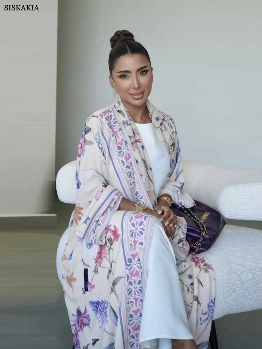 Siskakia New Dubai Elegant Floral Print open abaya Clothing Women Hijab included Stylish Loose Cardigan 2025 X251016