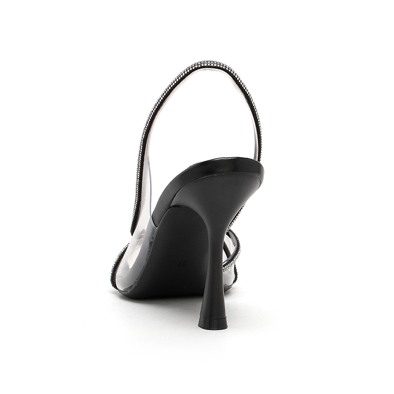 Women's Fashion Black Rhinestone-Embellished Stiletto Heel Sandals - TPU & Artificial Leather Round Toe High Heels-36158