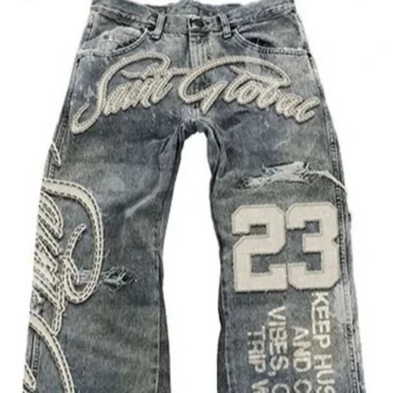 High Street Y2k Men and Women Clothing Retro Hip Hop Letter Patch Embroidery Pants Gothic Fashion Mid Waist Wide Leg Baggy Jeans J251016