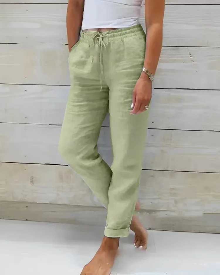 Cotton Linen Summer Pants for Women High Waist Elastic Casual Trousers Streetwear Solid Female Clothes 2024 Loose Pencil Pants W251015
