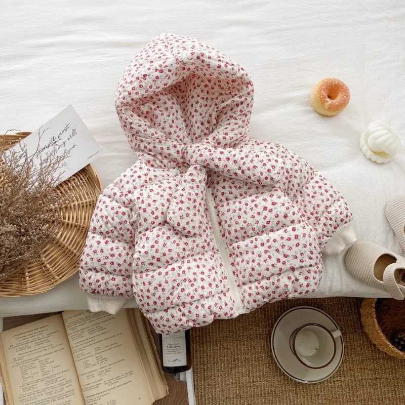 Baby Girls Korean Version Thick Floral Cotton Coat Winter Little Girls Stylish Hooded Scarf Warm Jacket Winter Cotton CoatT251016