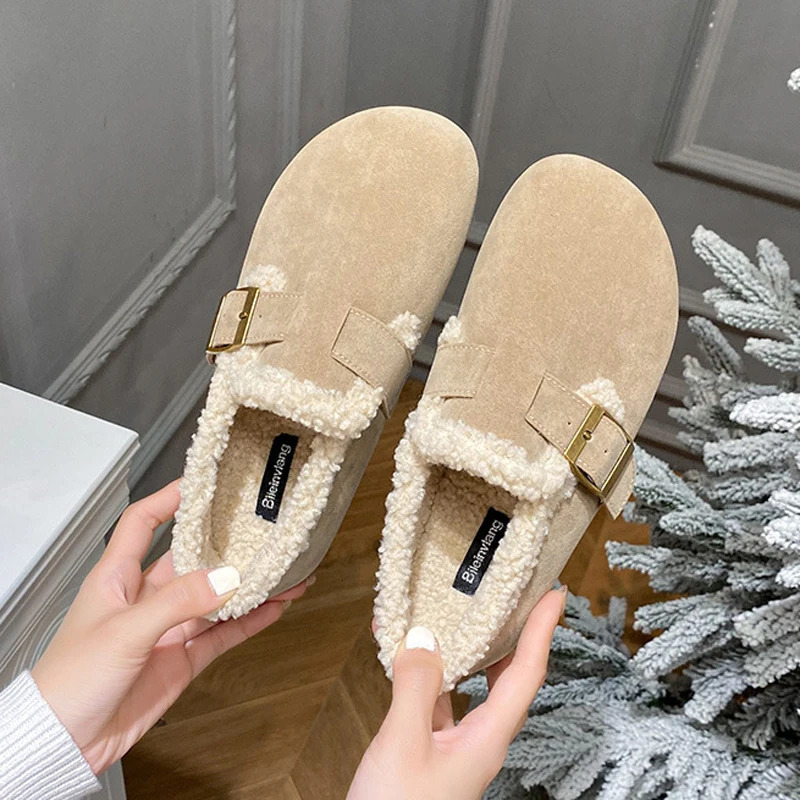 Curly Lambswool Flats Women Cotton Fur Shoes Winter Warm Slip On Loafers Female Belt Buckle Woolen Mocasines Mujer Furry Boots 251013