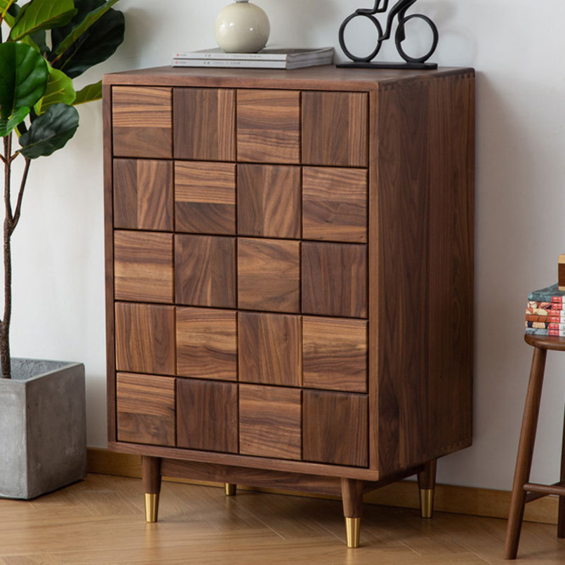 Nordic Light Luxury Solid Black Walnut Chest of Drawers, Five Drawer Storage Cabinet, Handcrafted Wood Dresser for Bedroom & Living Room