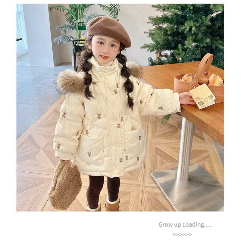New Girls Embroidered Down and Cotton Jacket Medium To Long with A Thick Winter Fur Collar and A Warm Top for ChildrenT251016