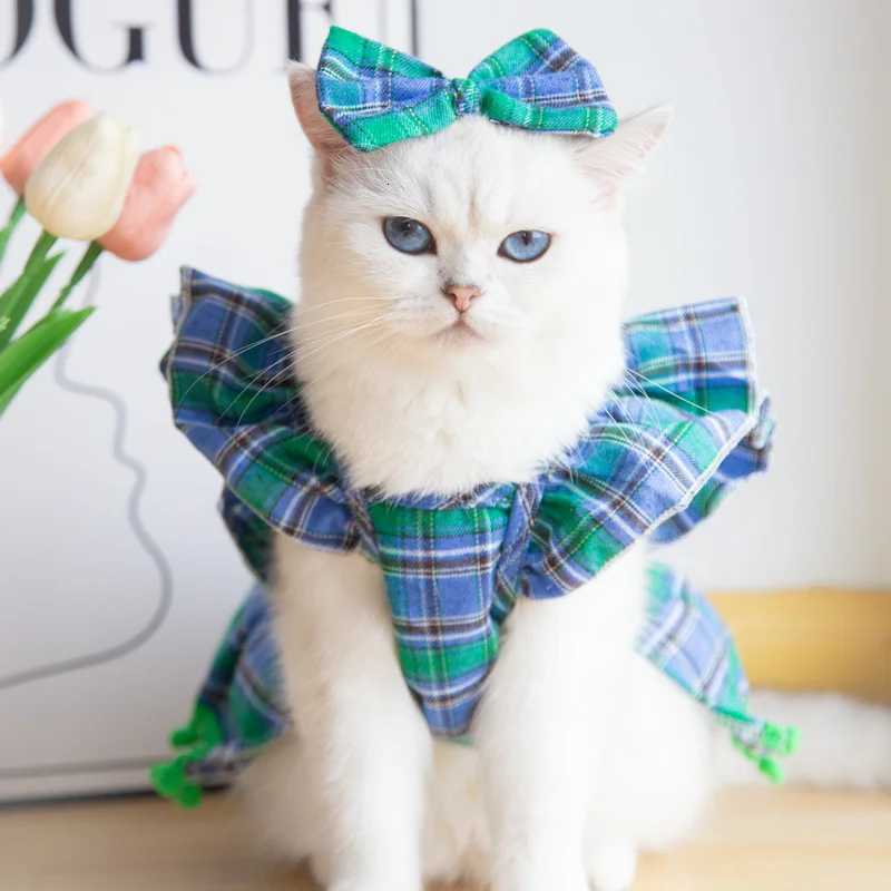 Christmas Pet Dresses Ruffled Sleeves Autumn Winter Clothes For Cats Dogs Red Plaid Elegant Princess Style Dresses HolidayW251016