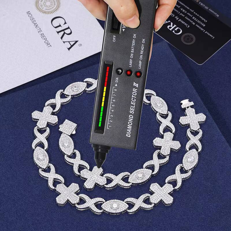 Hip Hop Jewelry Men White Gold Plated 12mm 925 Sterling Silver Paved Iced Out Moissanite Cross Evil Eye Cuban Link Chain