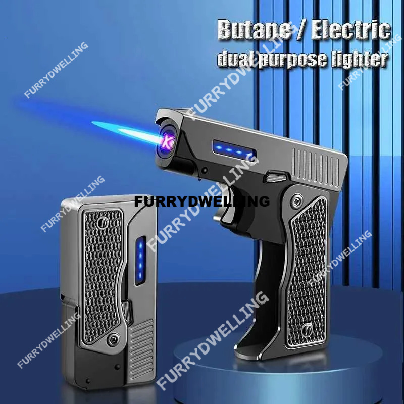 New Windproof Gas-Electric Plasma Type C USB Rechargeable Gift Men Folding Dwe74 Gun Butane Torch Turbo Jet Flame Cigar Lighter Y250228
