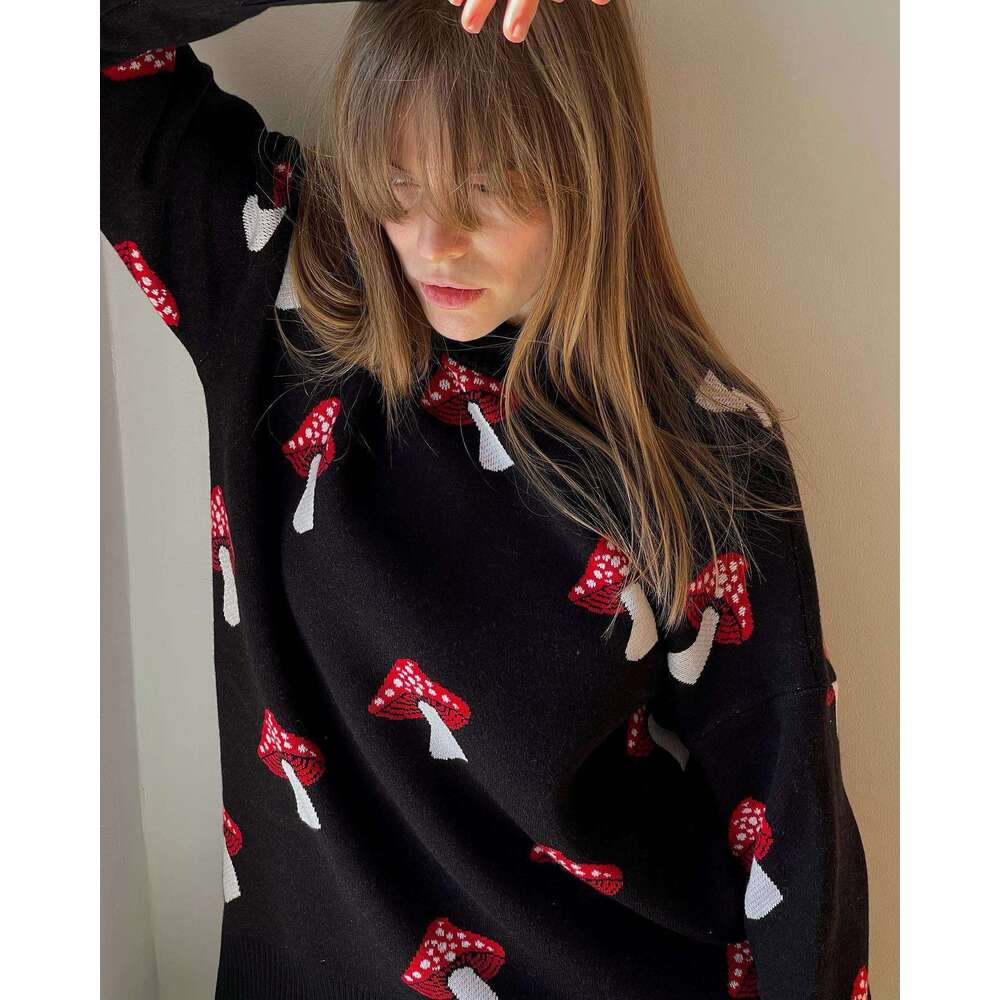 Loose Mushroom Sweater For Women, Round Neck, Long Sleeve, Pullover Knitted Sweater, Autumn Winter Top B5