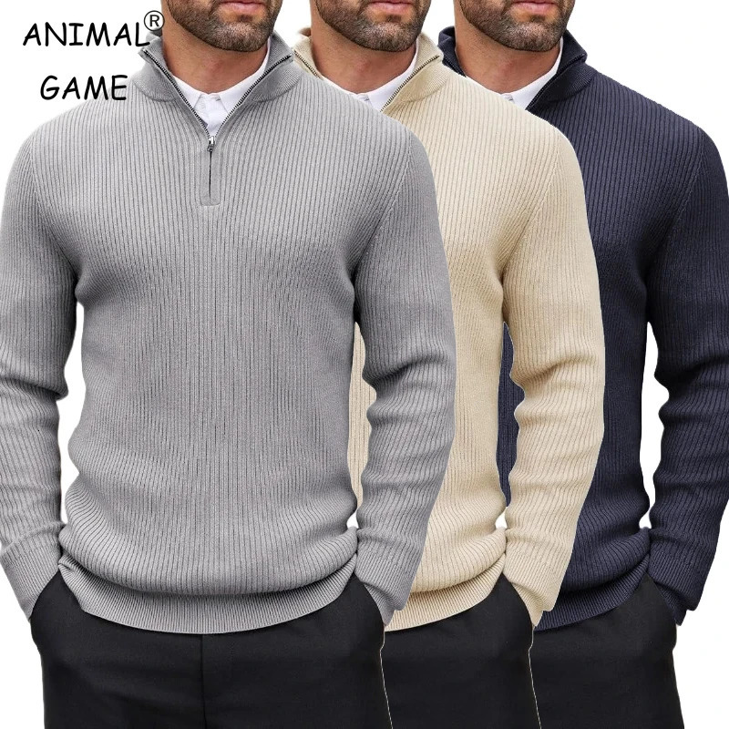 Autumn Mens Quarter Zip Pullover Dress Slim Sweater Mock Neck Sweaters Casual Long Sleeve Pullovers Outerwear Winter Warm Tops 251010