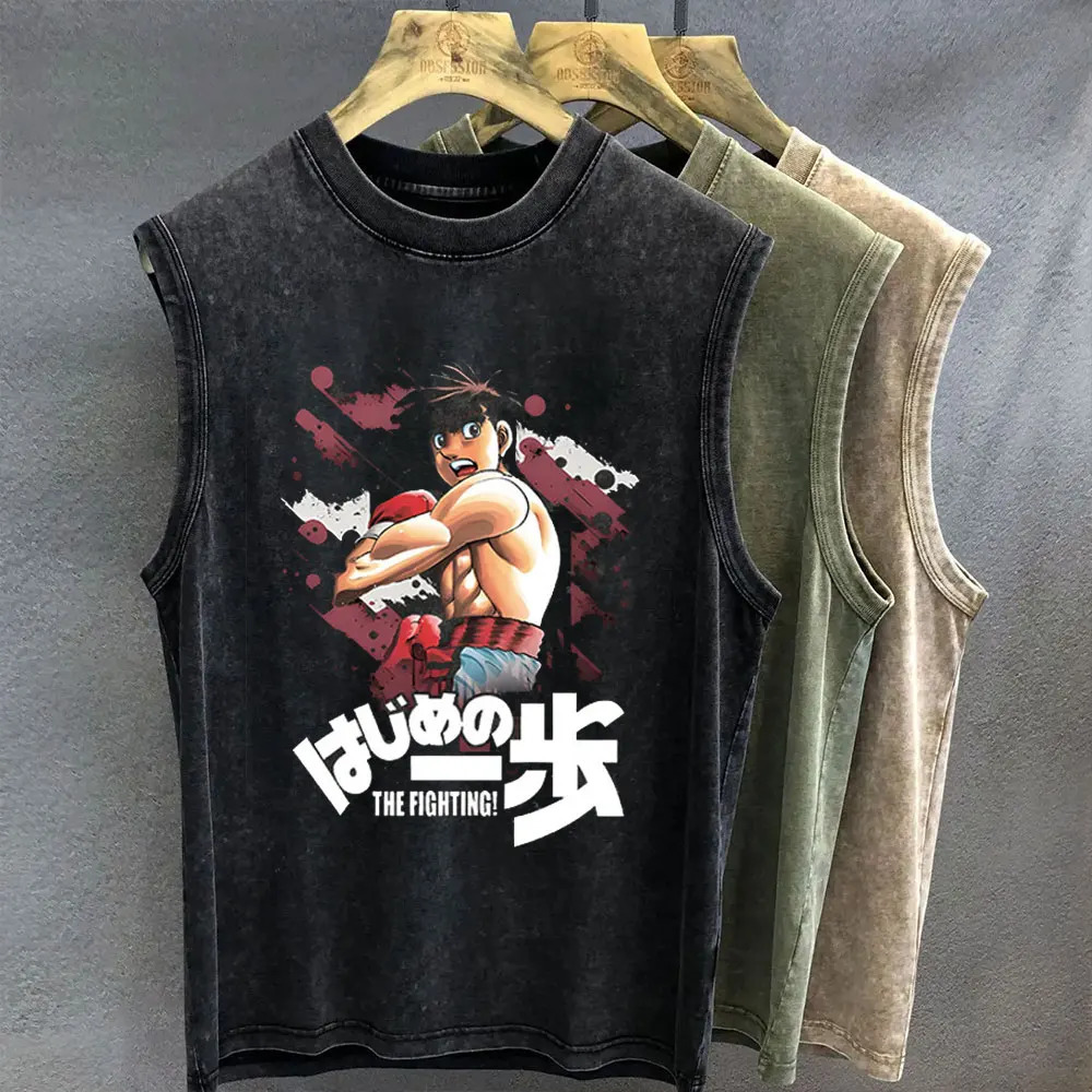 Mens Tank Top Anime Hajime No Ippo Graphic Tshirt Print Oversized Gym Clothing Vintage Wash Sleeveless Vest Womens Y2k Clothes 251015