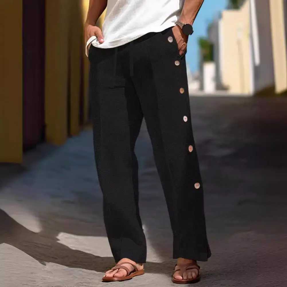 Men Casual Pants Loose Side Pockets Drawstring Elastic Waist Side Button Closure Quickdrying Beach Sweatpants Long Trousers J251203