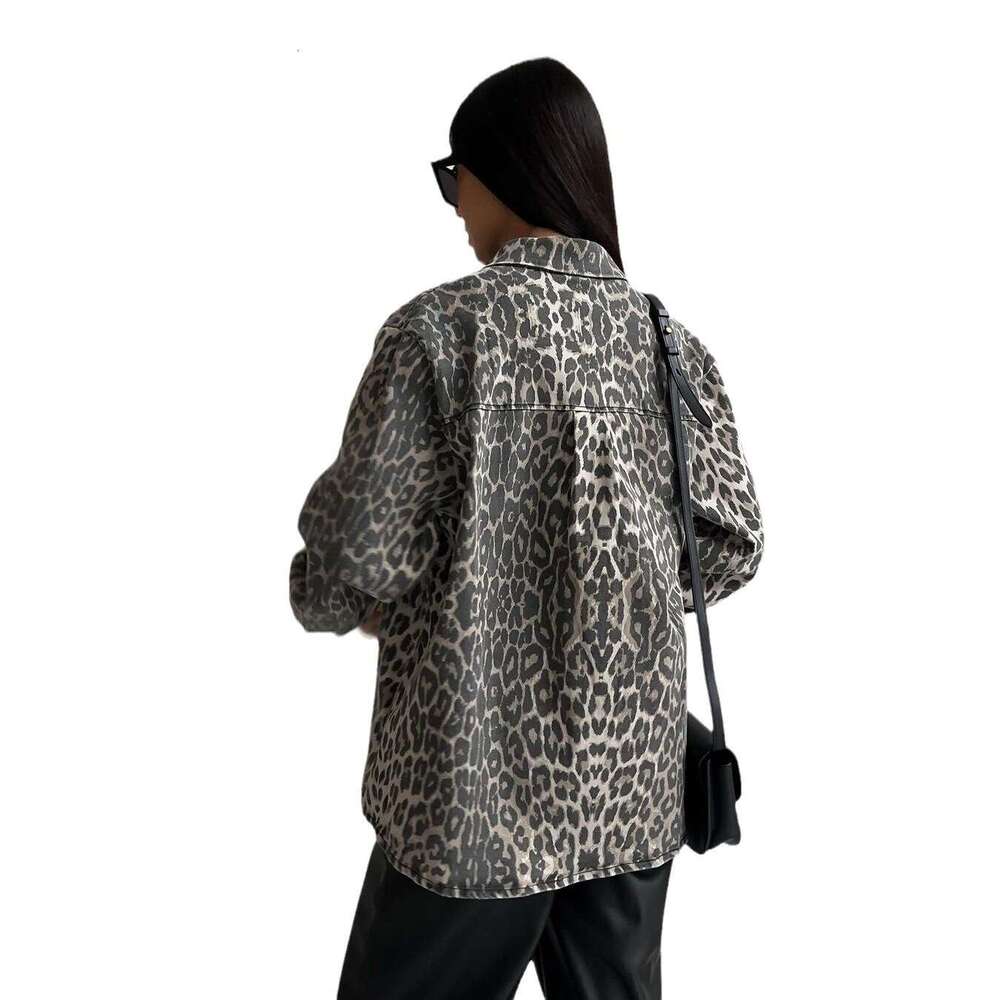 Street Casual Leopard Print For Women, Spring Loose Pocket Button Trendy Mid-Length Denim Jacket B5