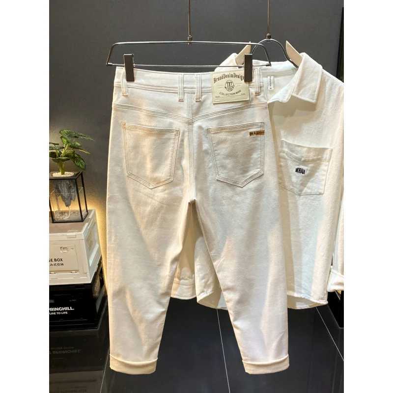 2025 autumn new beige straight leg jeans mens fashionable highend embroidery printed elastic casual long pants J251016