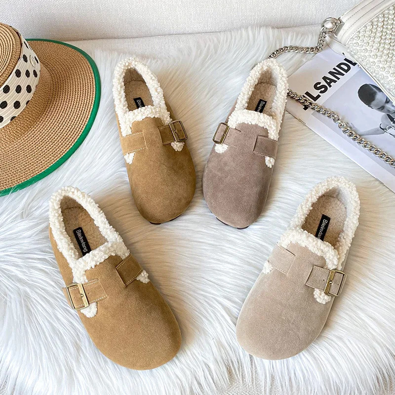 Curly Lambswool Flats Women Cotton Fur Shoes Winter Warm Slip On Loafers Female Belt Buckle Woolen Mocasines Mujer Furry Boots 251013